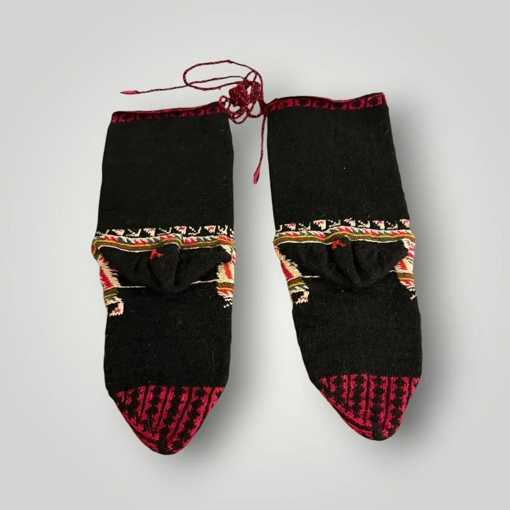 Albanian Hand Knit Wool Socks Black Red Folk Traditional Vintage Cabin